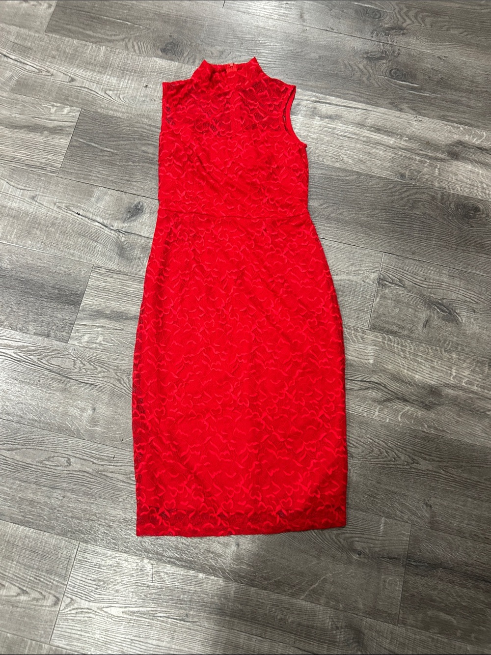 Elegant Red Lace Midi Dress with High Neck